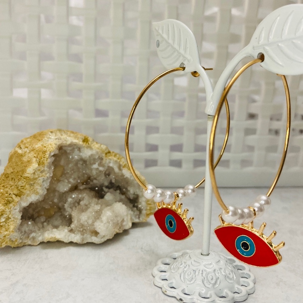 Gold red evil eye drop pearl hoop earrings